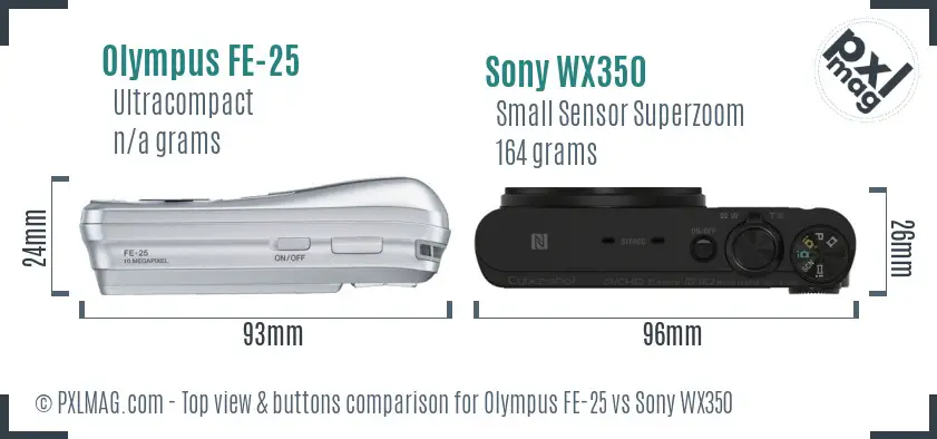 Olympus FE-25 vs Sony WX350 top view buttons comparison Olympus FE-25 vs Sony WX350 top view buttons comparison