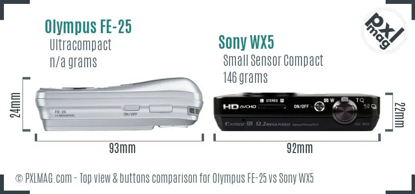 Olympus FE-25 vs Sony WX5 top view buttons comparison