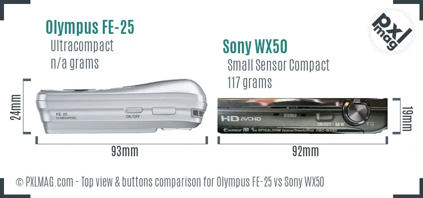 Olympus FE-25 vs Sony WX50 top view buttons comparison