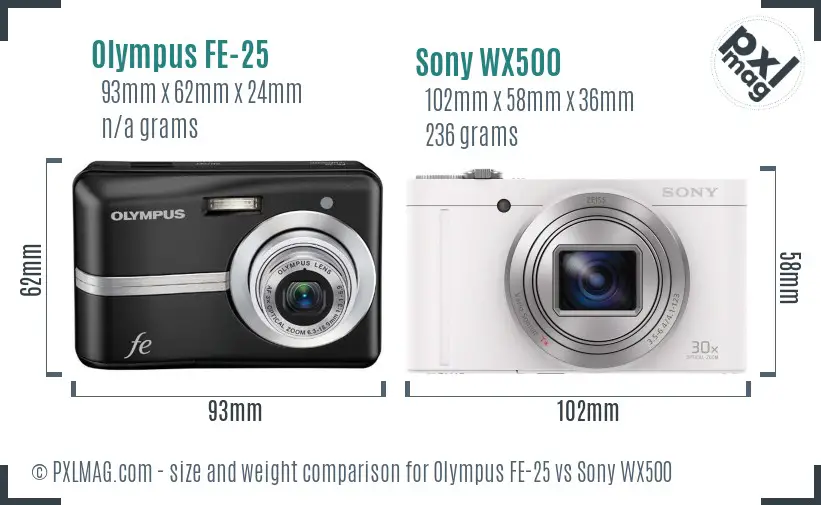 Olympus FE-25 vs Sony WX500 size comparison Olympus FE-25 vs Sony WX500 size comparison