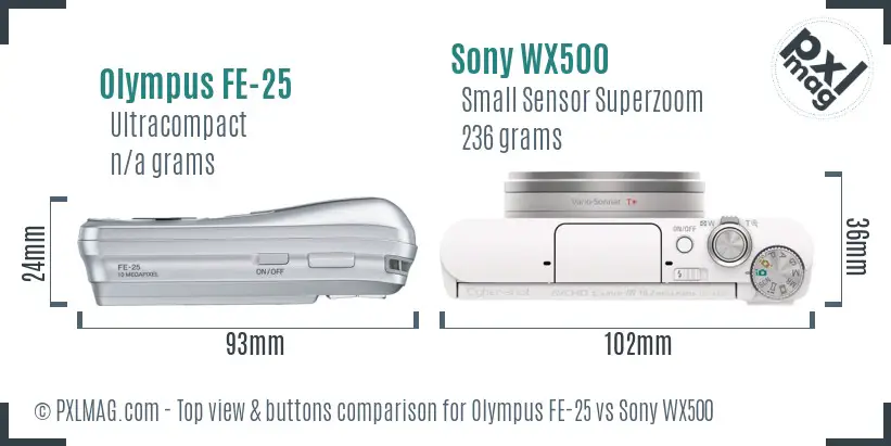 Olympus FE-25 vs Sony WX500 top view buttons comparison Olympus FE-25 vs Sony WX500 top view buttons comparison