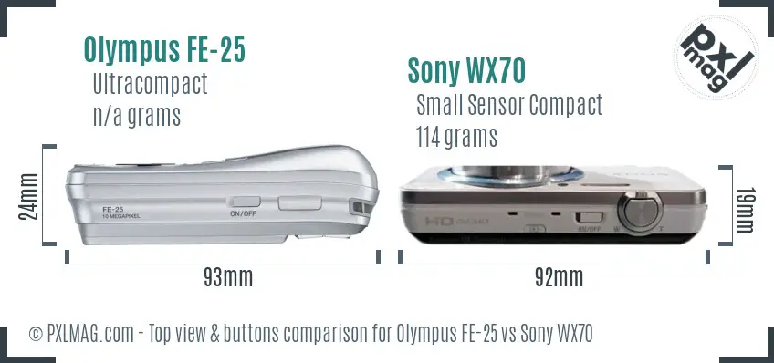 Olympus FE-25 vs Sony WX70 top view buttons comparison