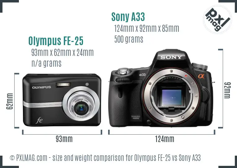 Olympus FE-25 vs Sony A33 size comparison