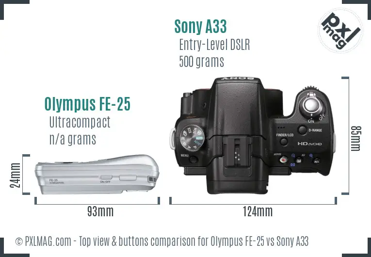 Olympus FE-25 vs Sony A33 top view buttons comparison