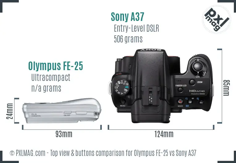 Olympus FE-25 vs Sony A37 top view buttons comparison