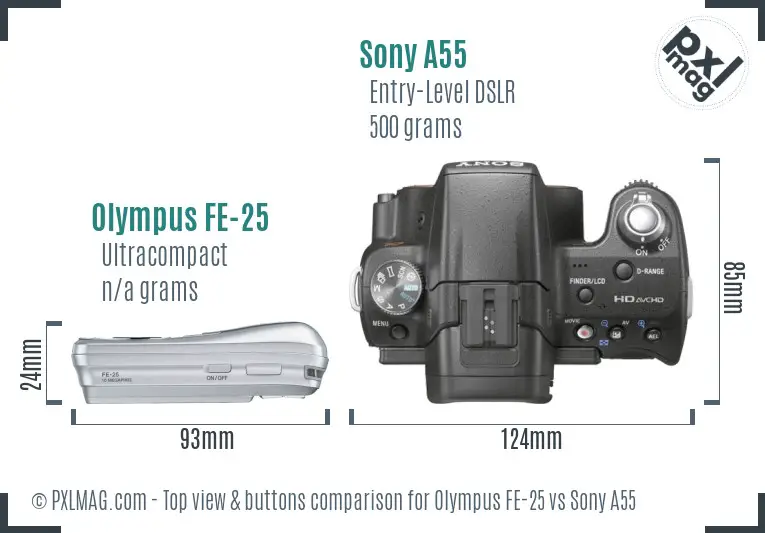 Olympus FE-25 vs Sony A55 top view buttons comparison