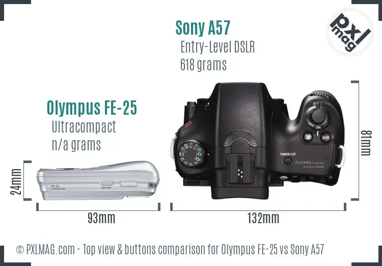 Olympus FE-25 vs Sony A57 top view buttons comparison