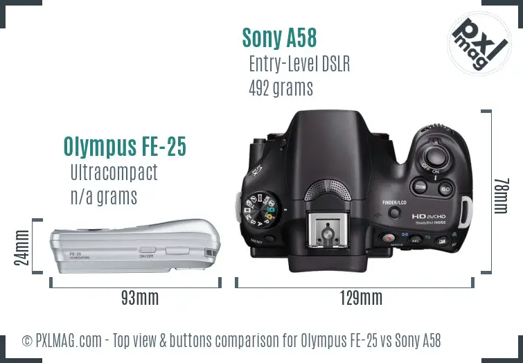 Olympus FE-25 vs Sony A58 top view buttons comparison