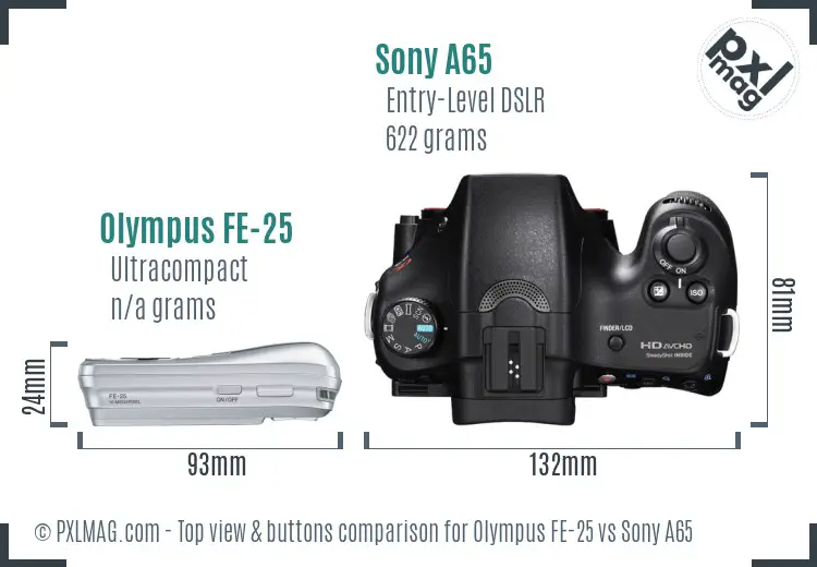 Olympus FE-25 vs Sony A65 top view buttons comparison