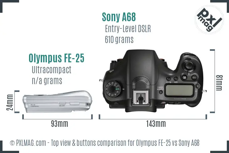 Olympus FE-25 vs Sony A68 top view buttons comparison