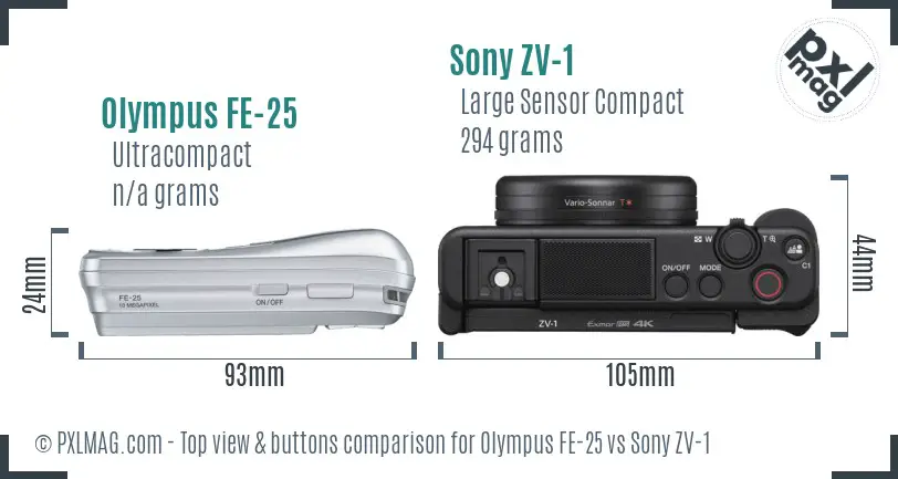 Olympus FE-25 vs Sony ZV-1 top view buttons comparison