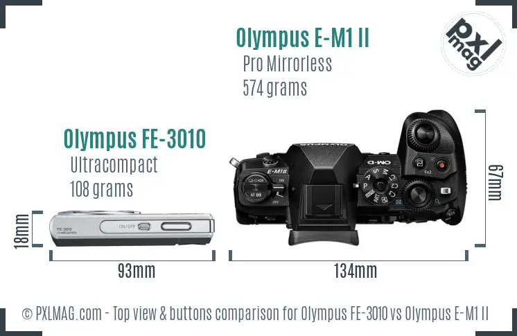 Olympus FE-3010 vs Olympus E-M1 II top view buttons comparison