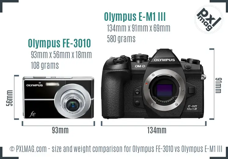Olympus FE-3010 vs Olympus E-M1 III size comparison