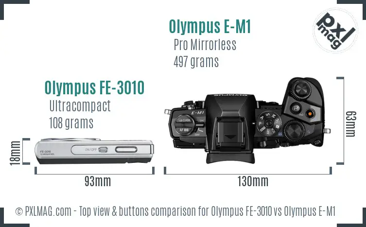Olympus FE-3010 vs Olympus E-M1 top view buttons comparison