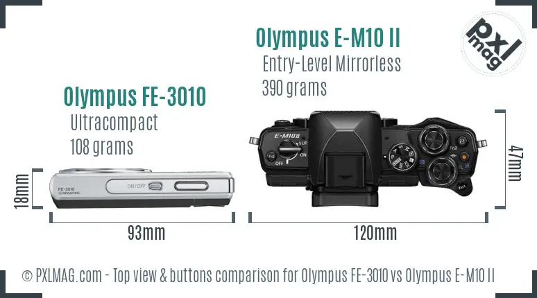 Olympus FE-3010 vs Olympus E-M10 II top view buttons comparison