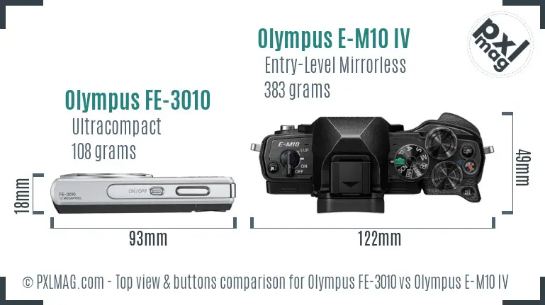 Olympus FE-3010 vs Olympus E-M10 IV top view buttons comparison