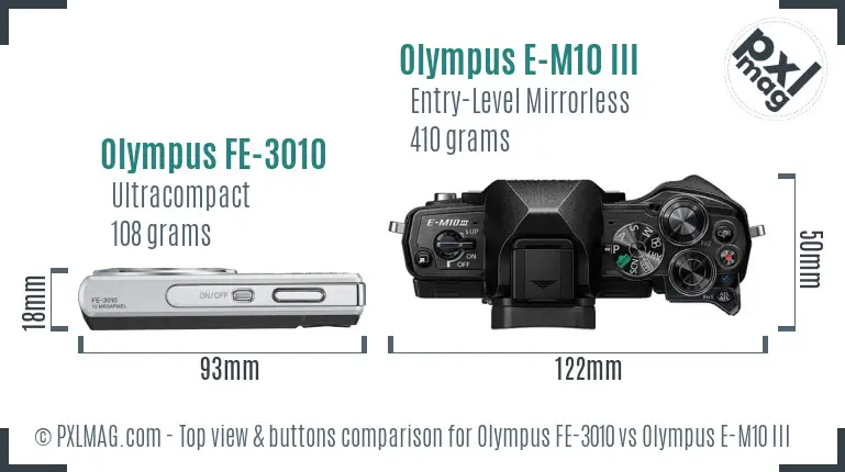 Olympus FE-3010 vs Olympus E-M10 III top view buttons comparison