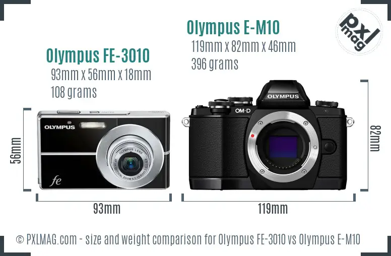 Olympus FE-3010 vs Olympus E-M10 size comparison