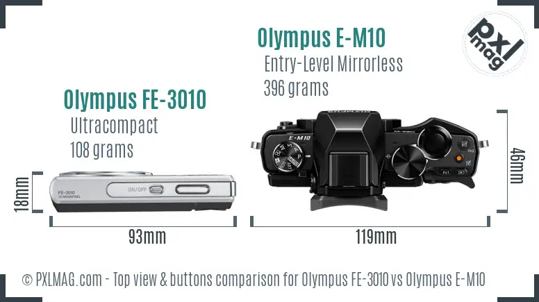 Olympus FE-3010 vs Olympus E-M10 top view buttons comparison