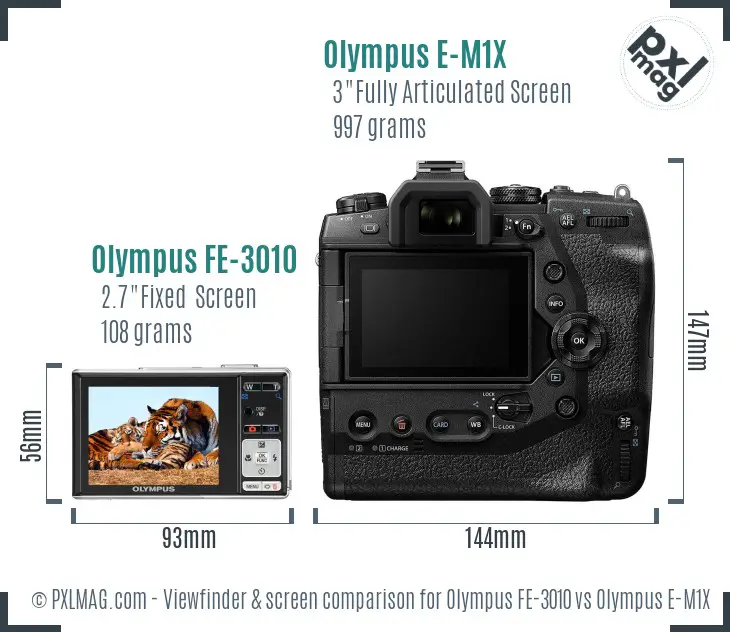 Olympus FE-3010 vs Olympus E-M1X Screen and Viewfinder comparison