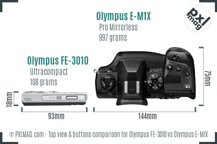 Olympus FE-3010 vs Olympus E-M1X top view buttons comparison