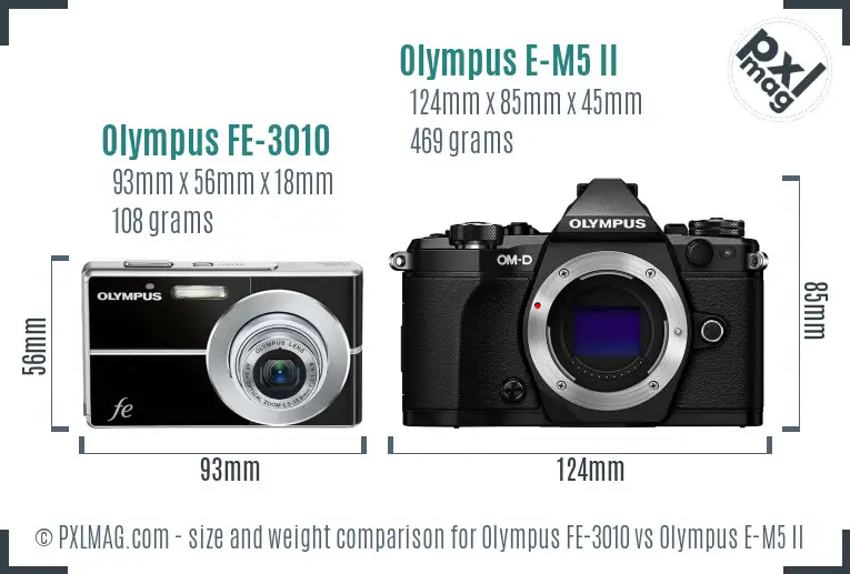 Olympus FE-3010 vs Olympus E-M5 II size comparison