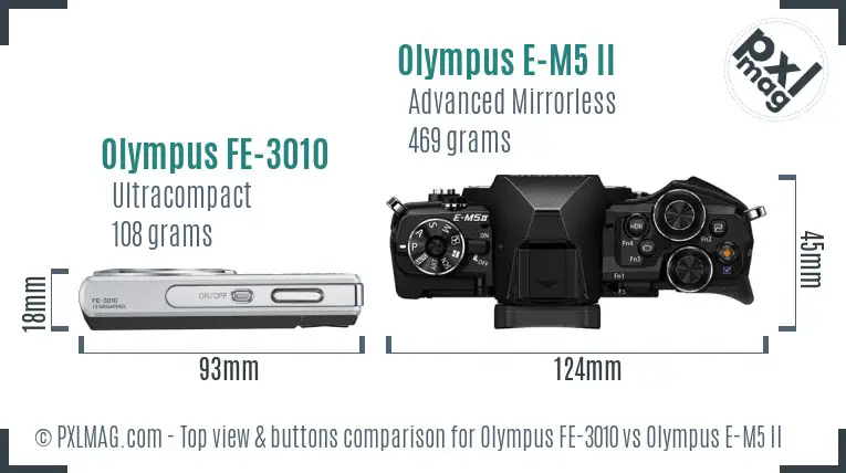 Olympus FE-3010 vs Olympus E-M5 II top view buttons comparison