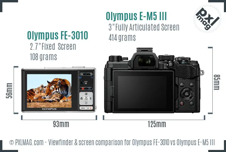 Olympus FE-3010 vs Olympus E-M5 III Screen and Viewfinder comparison