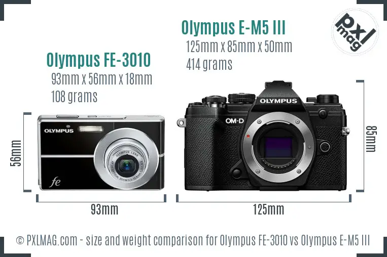 Olympus FE-3010 vs Olympus E-M5 III size comparison