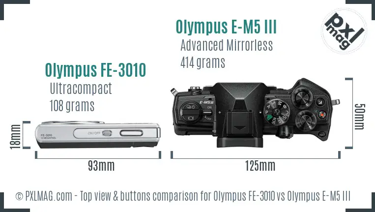 Olympus FE-3010 vs Olympus E-M5 III top view buttons comparison