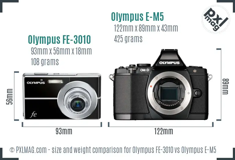 Olympus FE-3010 vs Olympus E-M5 size comparison