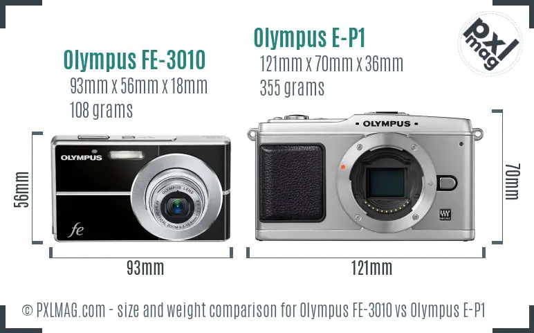 Olympus FE-3010 vs Olympus E-P1 size comparison