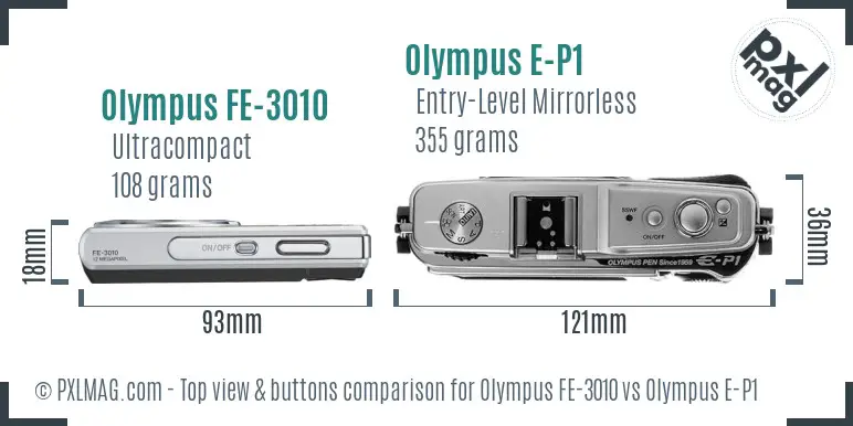 Olympus FE-3010 vs Olympus E-P1 top view buttons comparison
