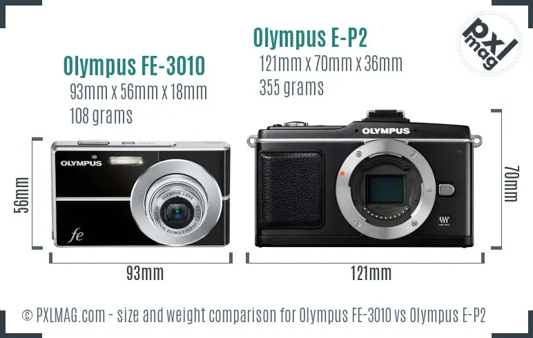 Olympus FE-3010 vs Olympus E-P2 size comparison