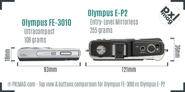 Olympus FE-3010 vs Olympus E-P2 top view buttons comparison