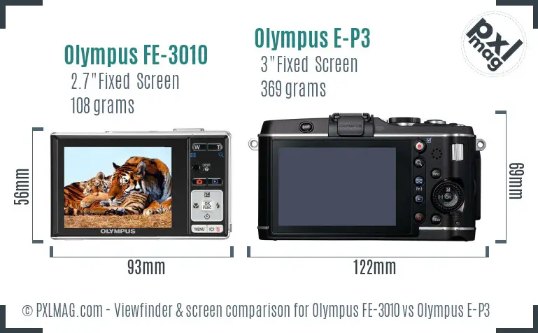 Olympus FE-3010 vs Olympus E-P3 Screen and Viewfinder comparison