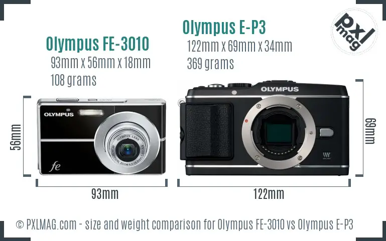 Olympus FE-3010 vs Olympus E-P3 size comparison