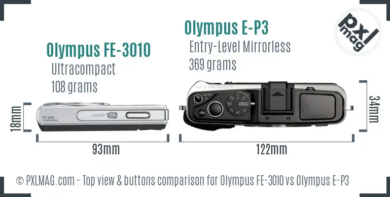 Olympus FE-3010 vs Olympus E-P3 top view buttons comparison
