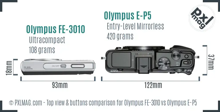 Olympus FE-3010 vs Olympus E-P5 top view buttons comparison