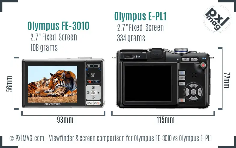 Olympus FE-3010 vs Olympus E-PL1 Screen and Viewfinder comparison