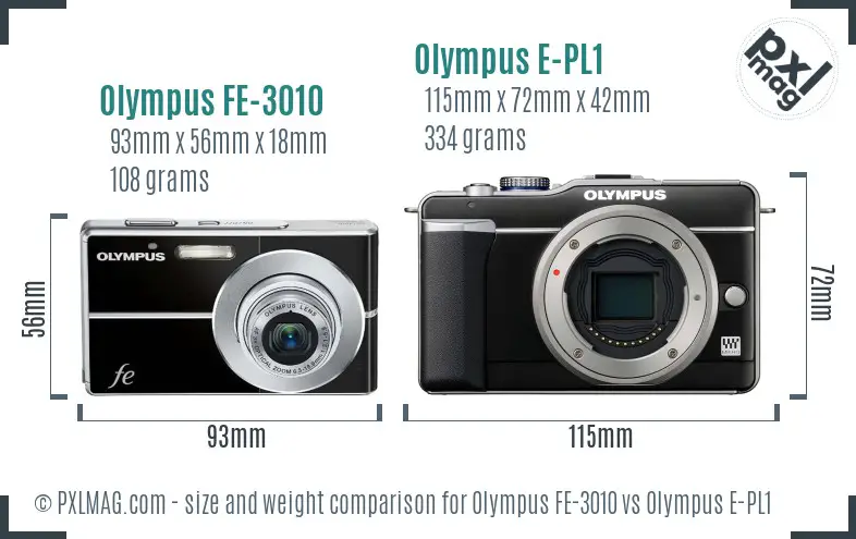 Olympus FE-3010 vs Olympus E-PL1 size comparison