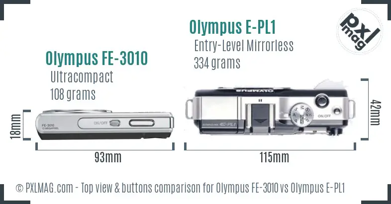 Olympus FE-3010 vs Olympus E-PL1 top view buttons comparison