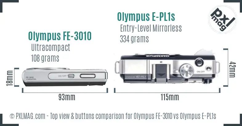Olympus FE-3010 vs Olympus E-PL1s top view buttons comparison