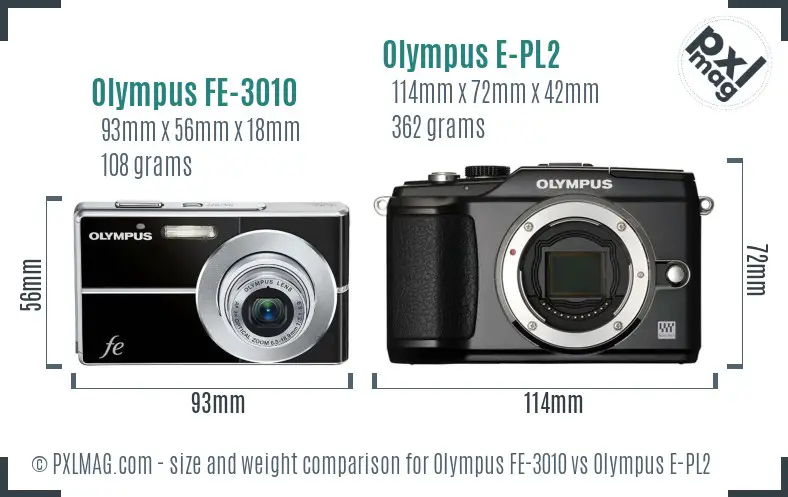 Olympus FE-3010 vs Olympus E-PL2 size comparison