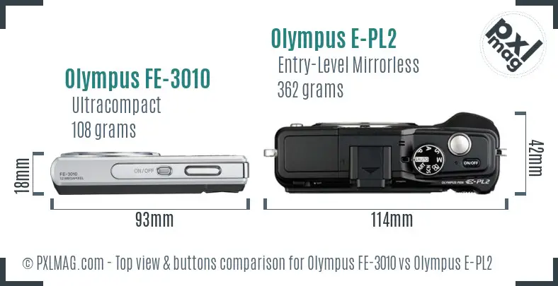 Olympus FE-3010 vs Olympus E-PL2 top view buttons comparison