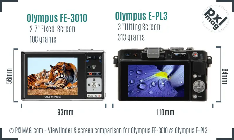 Olympus FE-3010 vs Olympus E-PL3 Screen and Viewfinder comparison