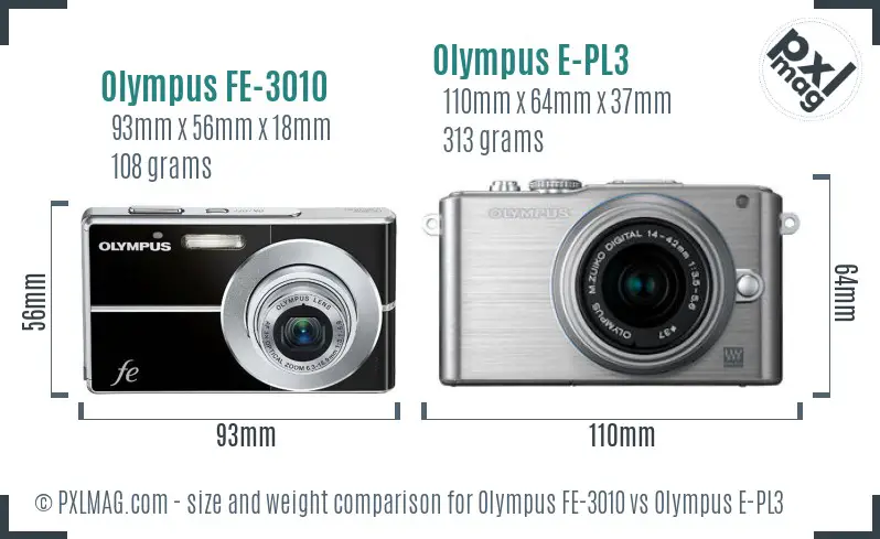 Olympus FE-3010 vs Olympus E-PL3 size comparison