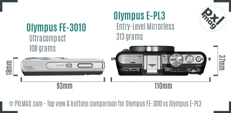 Olympus FE-3010 vs Olympus E-PL3 top view buttons comparison