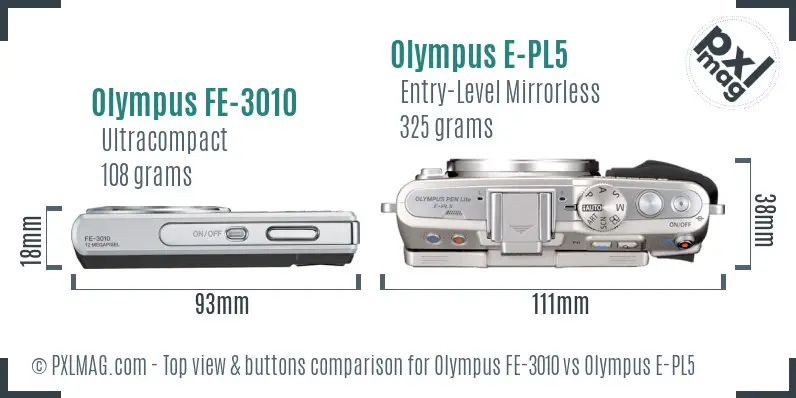 Olympus FE-3010 vs Olympus E-PL5 top view buttons comparison