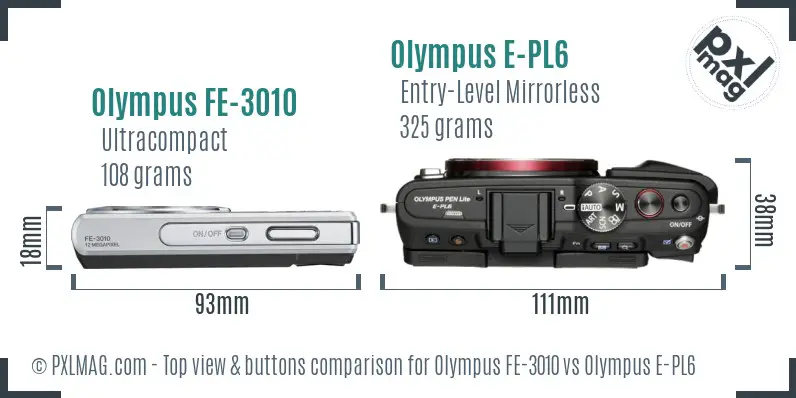 Olympus FE-3010 vs Olympus E-PL6 top view buttons comparison